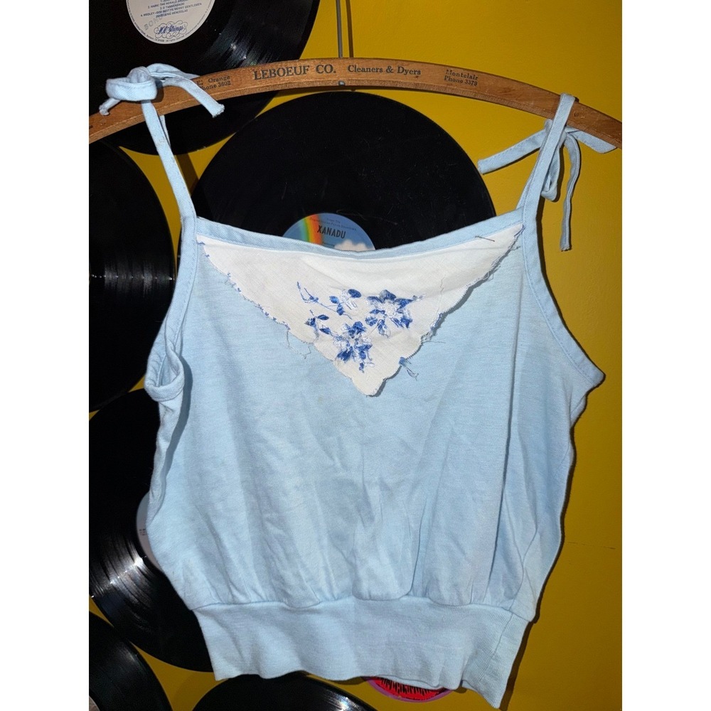 Vintage Fruit of the Loom Kids Light Blue Floral Embroidered Tie Strap Camisole